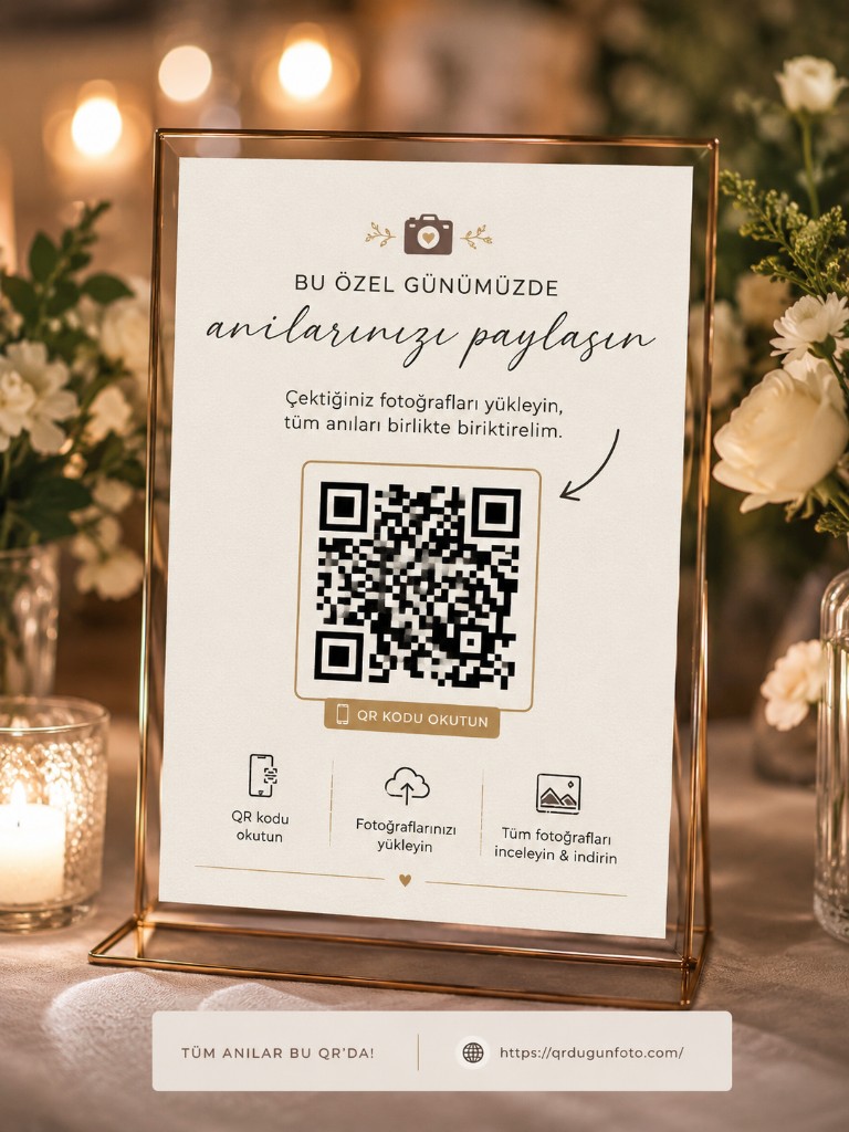 QR kod ile düğün fotoğrafı toplama — masa kartı örneği